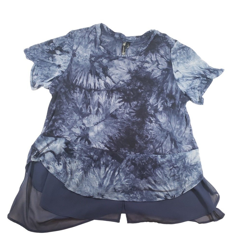 Allie & Rob 2X Tie Dye Top Tunic Navy Blue Chiffon Overlay‎ Short Sleeve